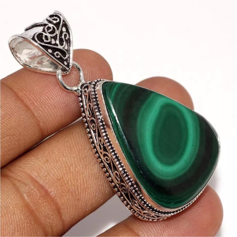 Huge genuine Malachite silver pendant - Picture 2 of 7